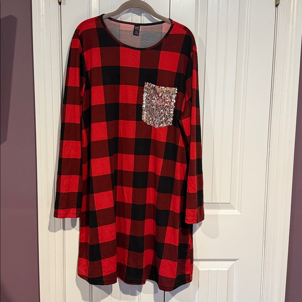 Red and Black Plaid Dress with Sequin Pocket